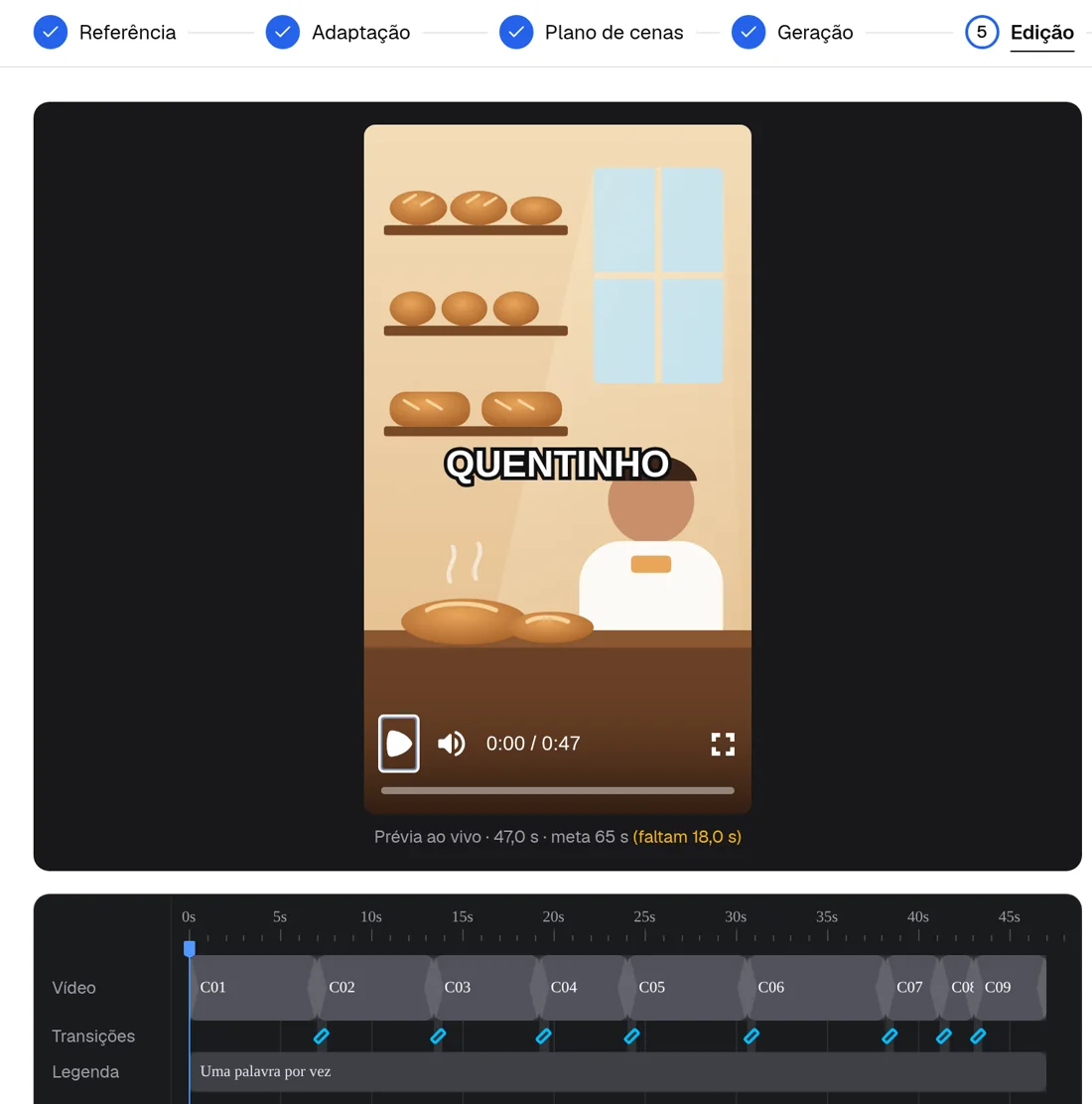 Editor do Reelhouse: as etapas de produção no topo, a prévia vertical de um vídeo de padaria e a timeline com nove cenas.